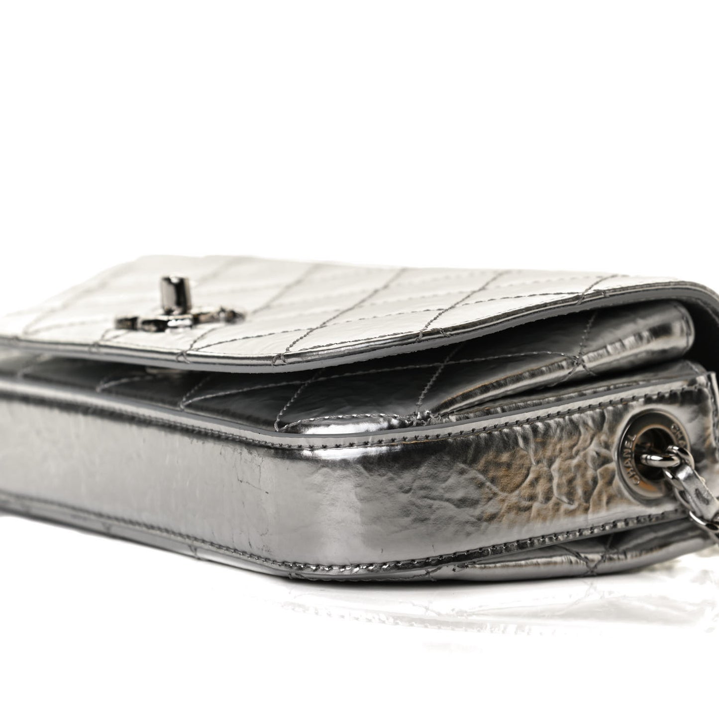 Hammered Metallic Calfskin Quilted Flap Silver