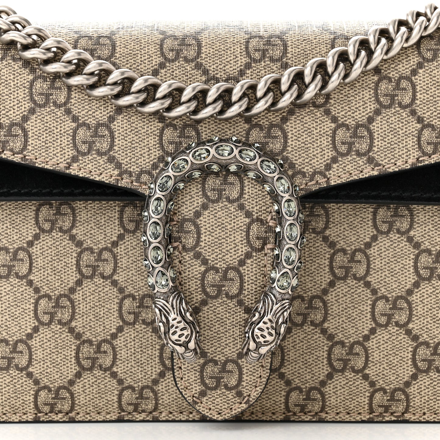 GG Supreme Monogram Suede Crystal Small Dionysus Shoulder Bag Beige Ebony Black