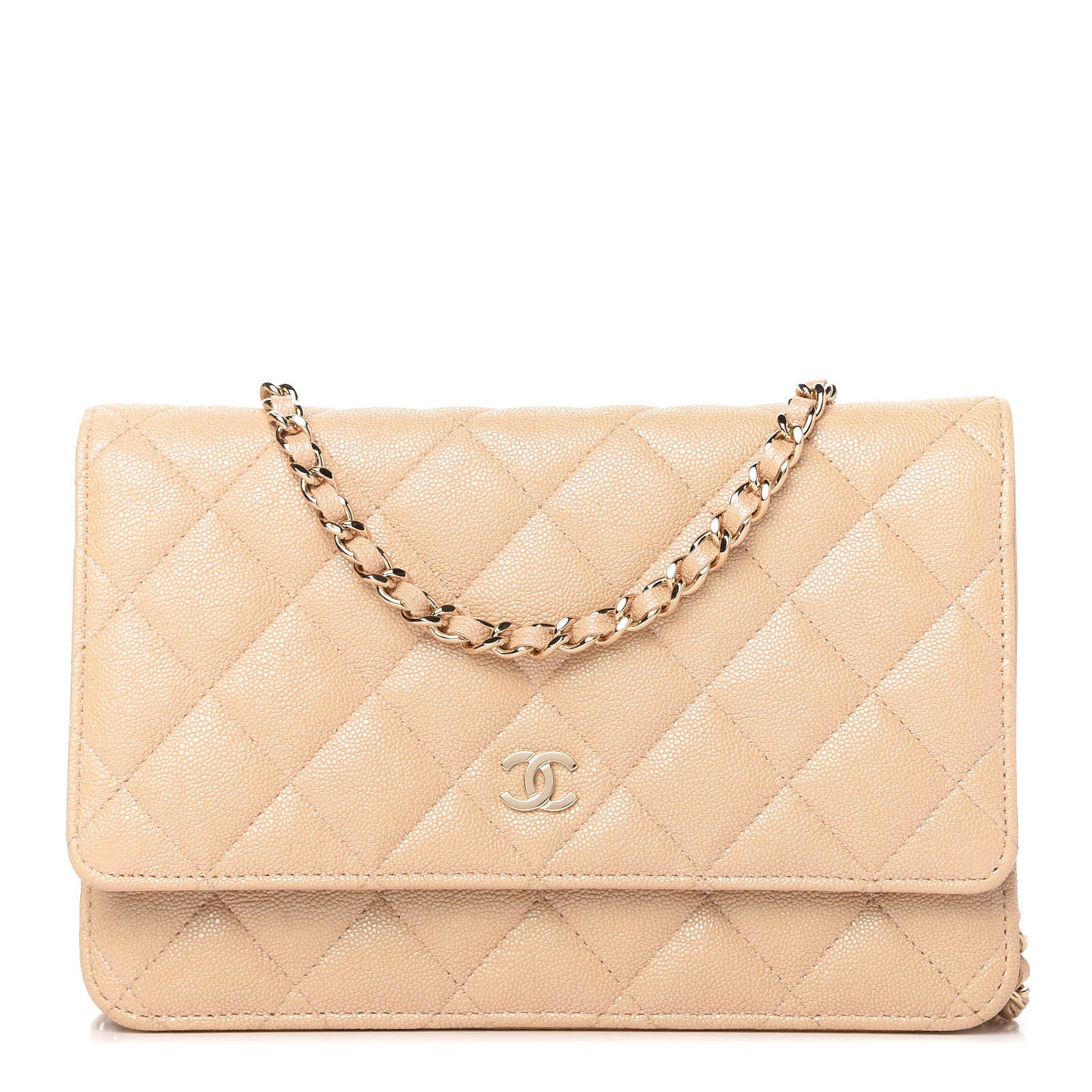 Iridescent Caviar Quilted Wallet On Chain WOC Beige