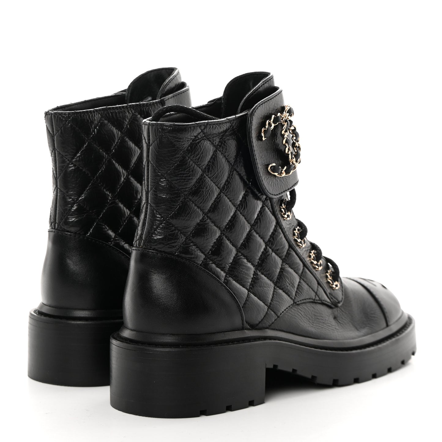 Shiny Goatskin Calfskin Quilted Lace Up Combat Boots 35.5 Black