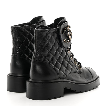Chanel Shiny Goatskin Calfskin Quilted Lace Up Combat Boots 35.5 Black 4 of 10