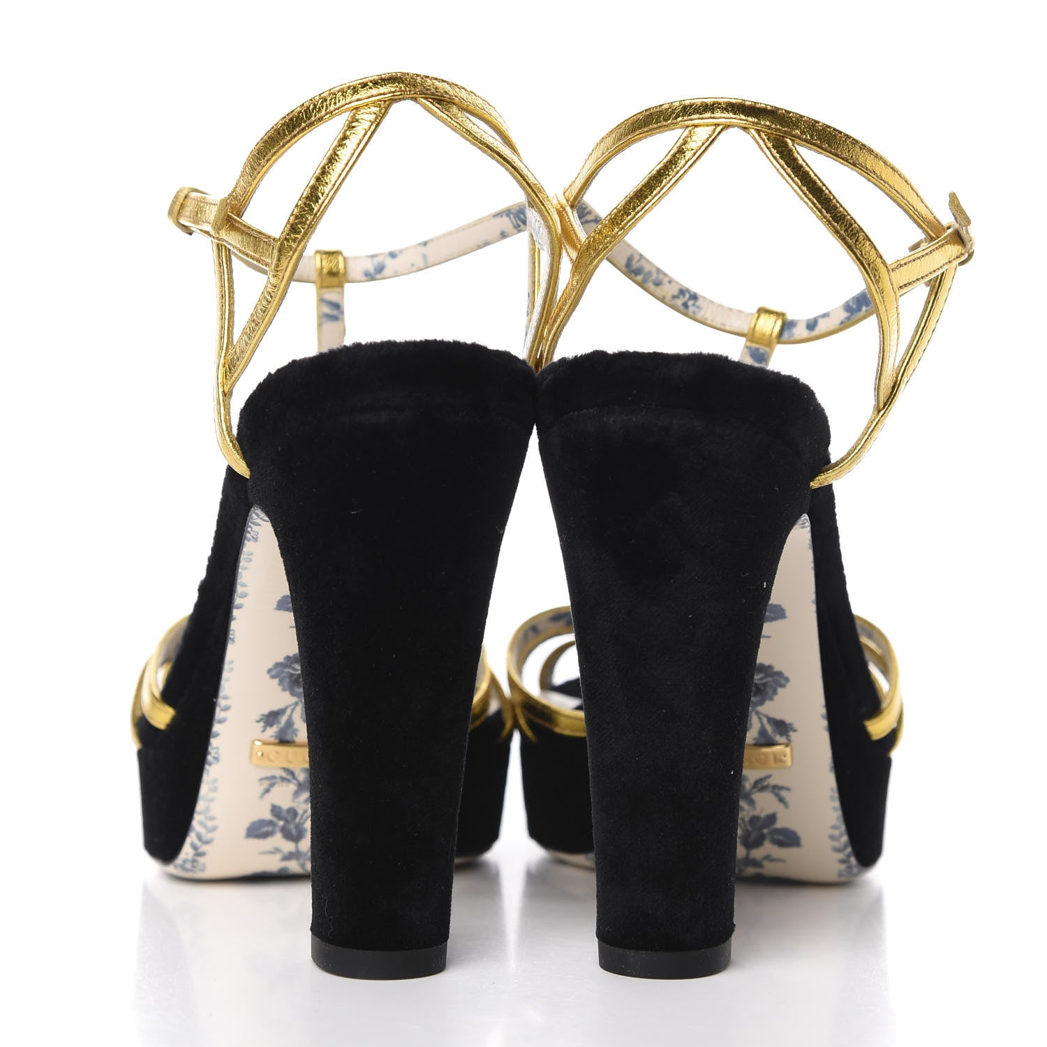 Gucci Velvet Nappa Elias T-Strap Platform High Heel Sandals 35.5 Black Gold 4 of 9