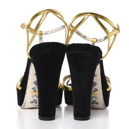 Gucci Velvet Nappa Elias T-Strap Platform High Heel Sandals 35.5 Black Gold 4 of 9