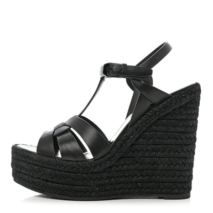 Saint Laurent Calfskin Tribute 95 Platform Espadrille Wedge Sandals 36 Black 1 of 11