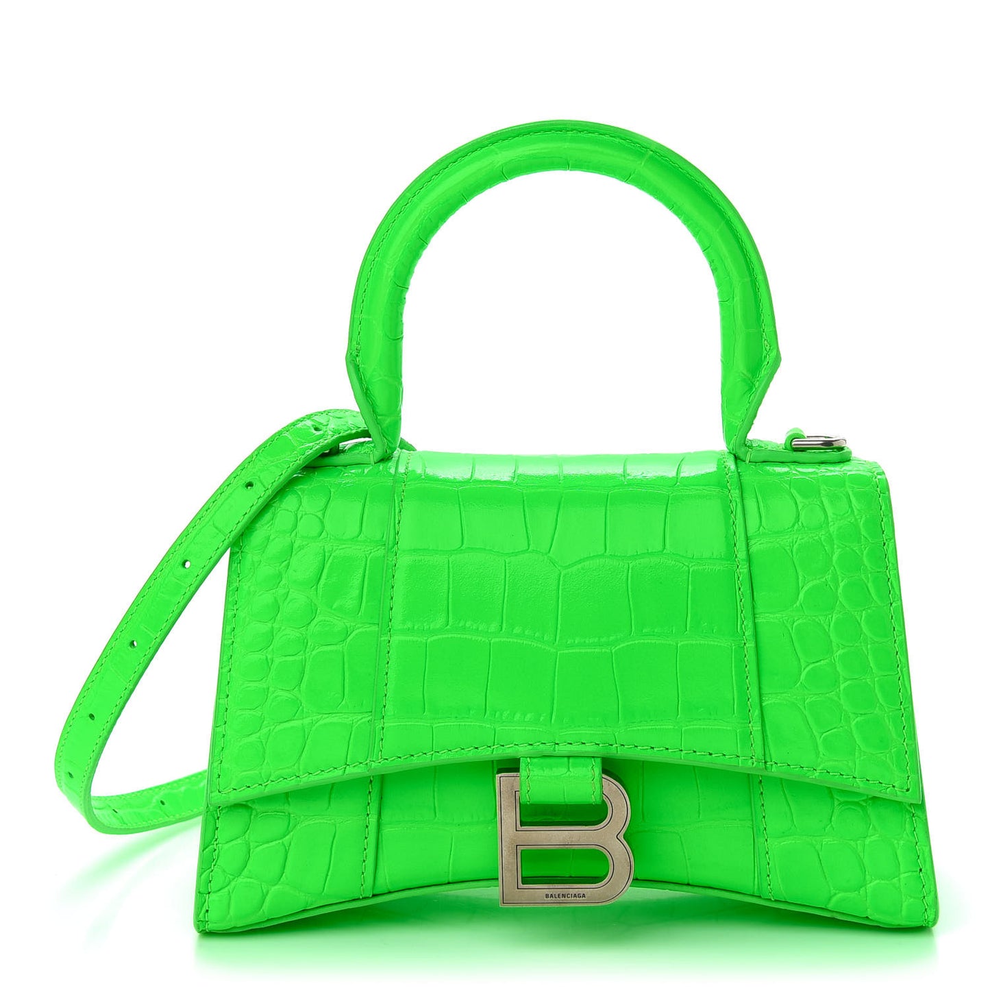 Shiny Calfskin Crocodile Embossed Hourglass Top Handle Bag XS Fluo Green