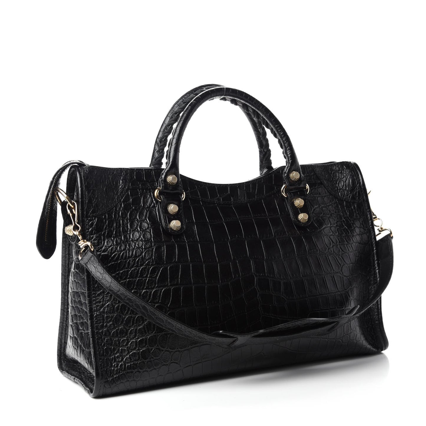 Calfskin Crocodile Embossed Giant 12 Gold Hardware City Black