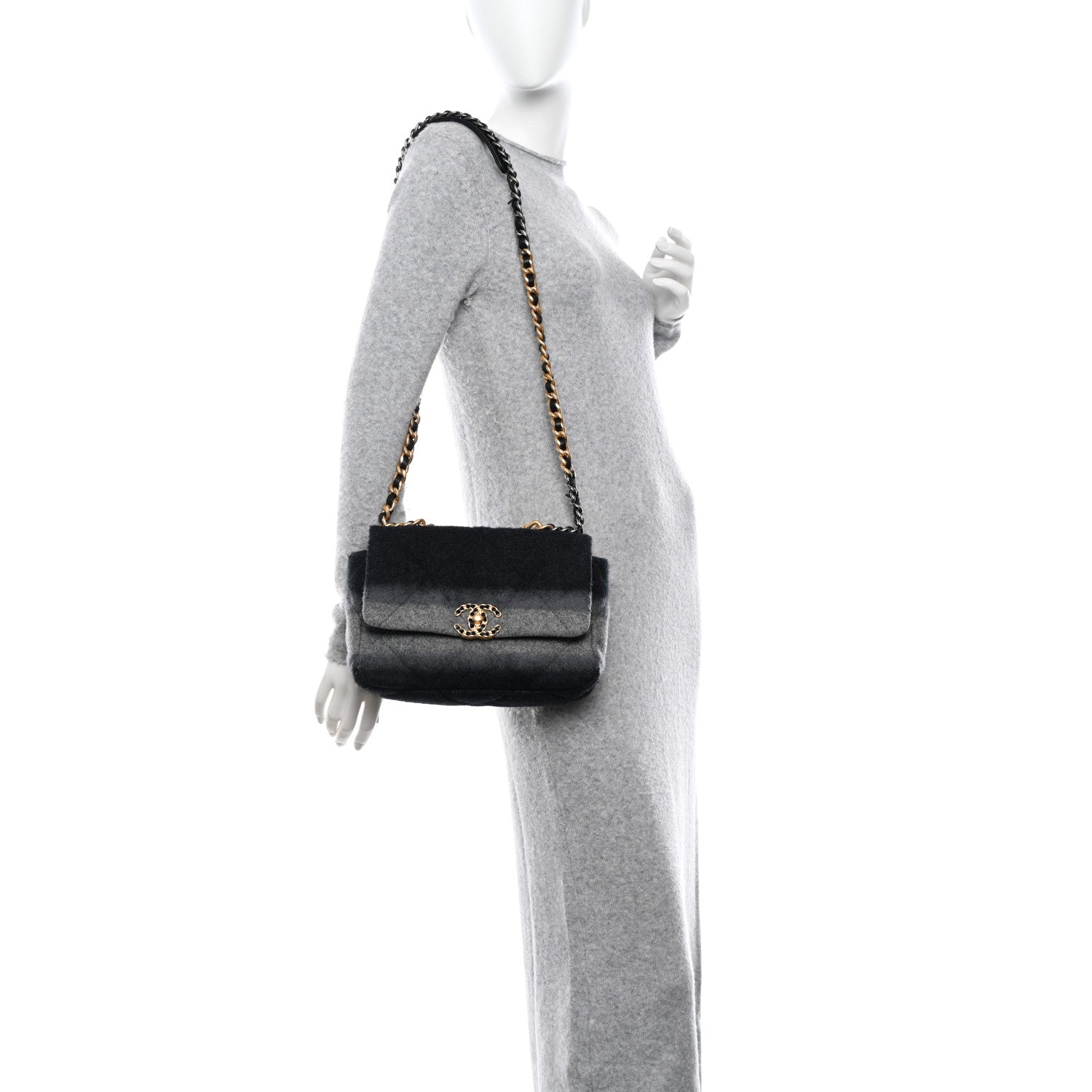 Chanel Wool Quilted Medium Chanel 19 Flap Black Grey 2 of 12
