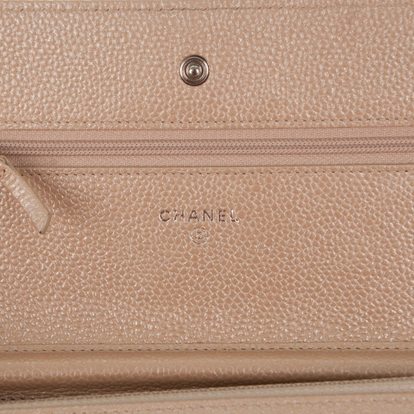 Metallic Caviar Quilted Wallet on Chain WOC Beige