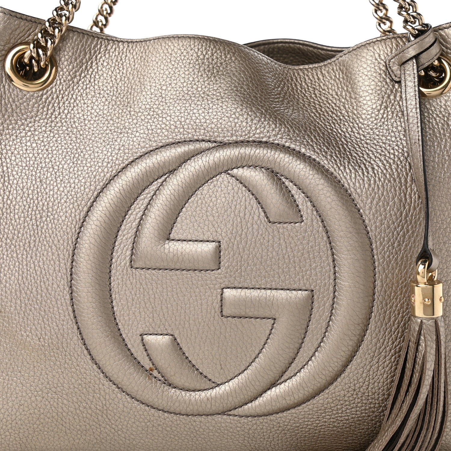Gucci Metallic Pebbled Calfskin Medium Soho Chain Shoulder Bag Golden Beige 7 of 10