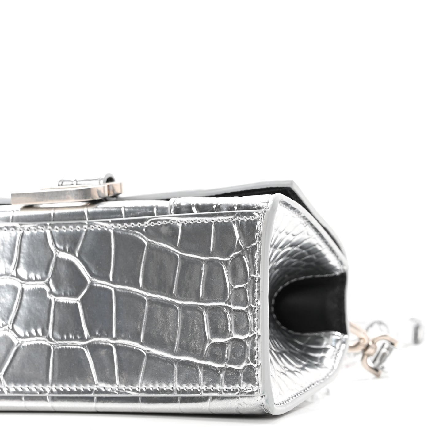 Metallic Calfskin Crocodile Embossed Hourglass Top Handle Bag XS Silver