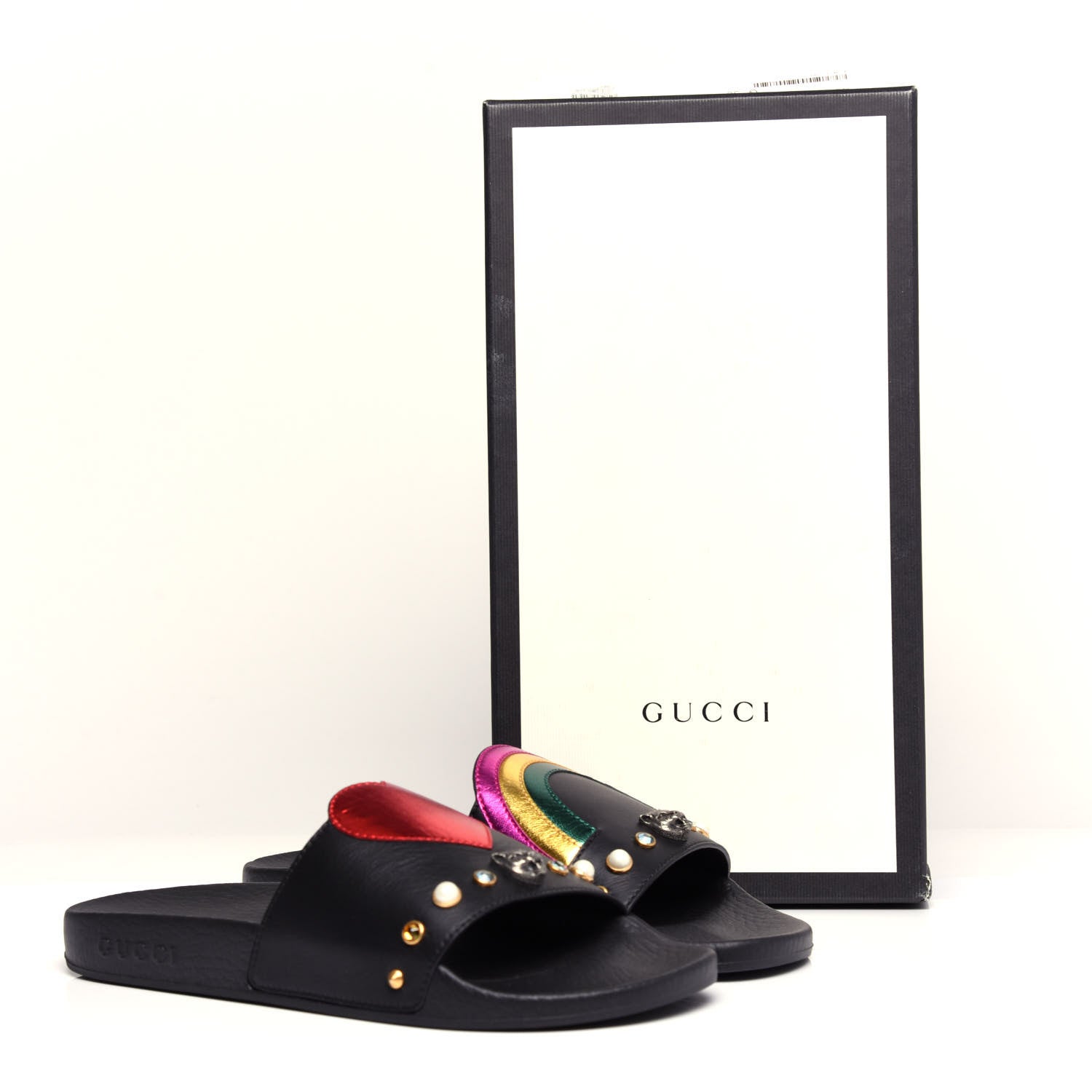 Gucci Calfskin Rainbow Heart Pursuit Slide Sandals 38 Black 11 of 11