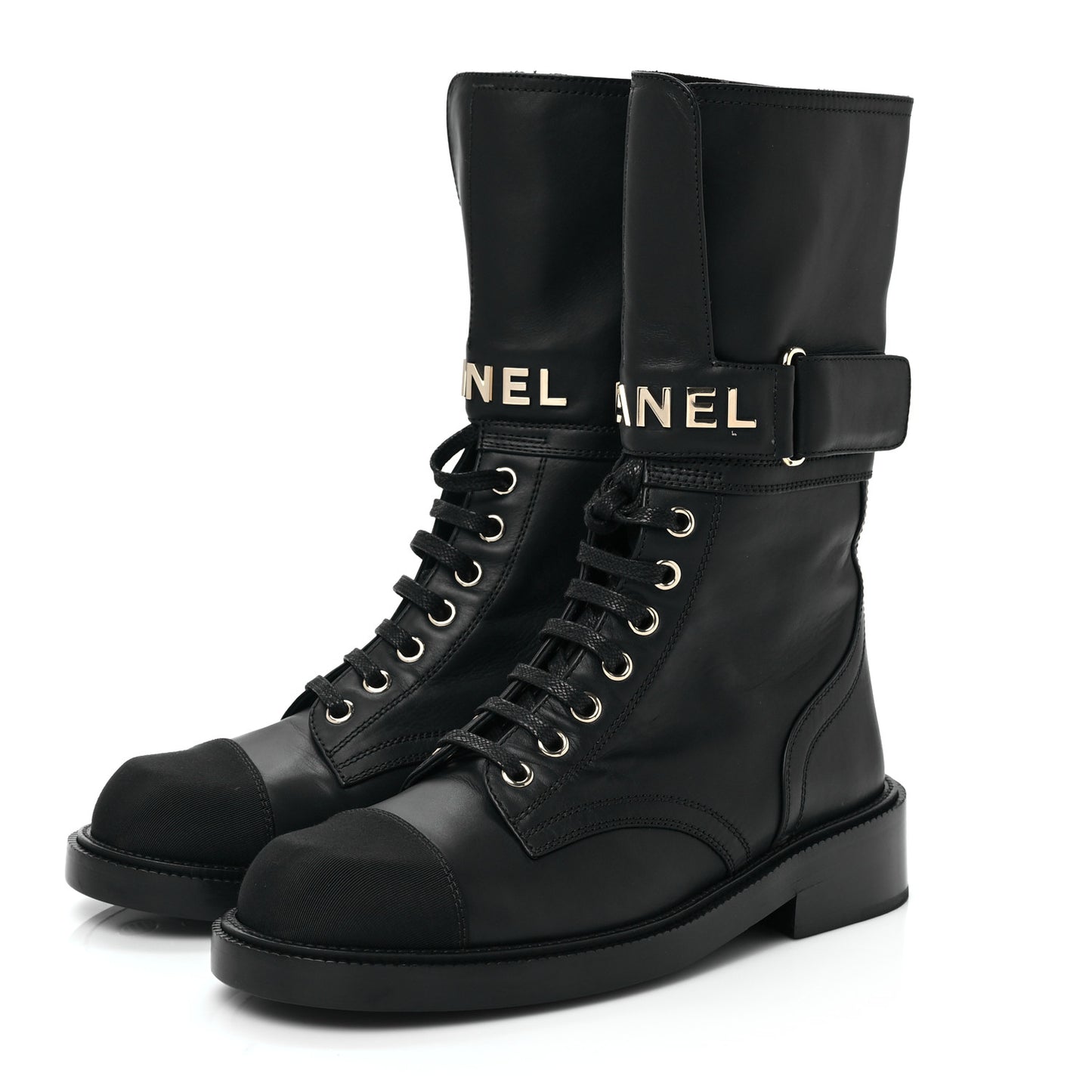 Shiny Calfskin Grosgrain Lace Up Combat Boots 36.5 Black
