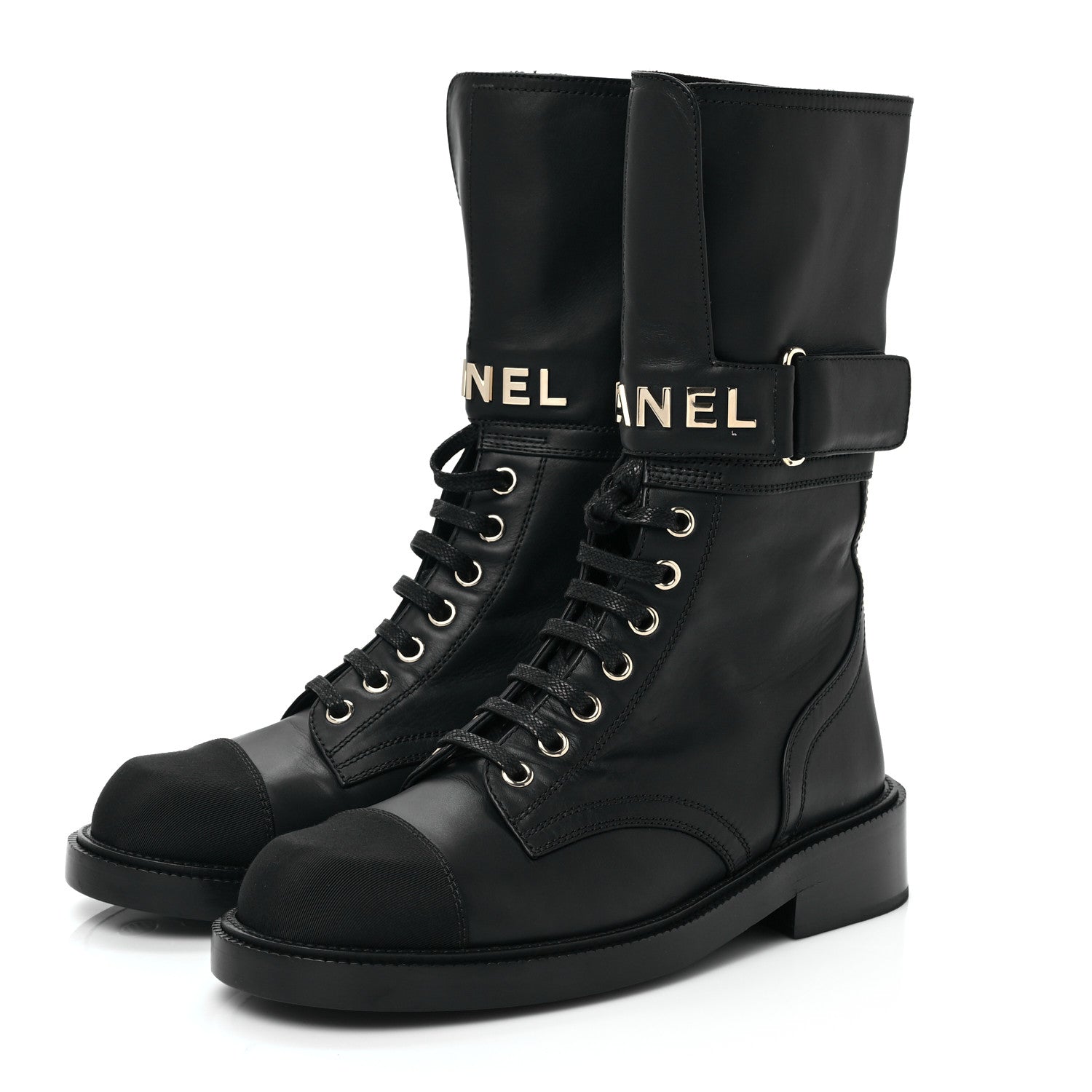 Chanel Shiny Calfskin Grosgrain Lace Up Combat Boots 36.5 Black 3 of 6