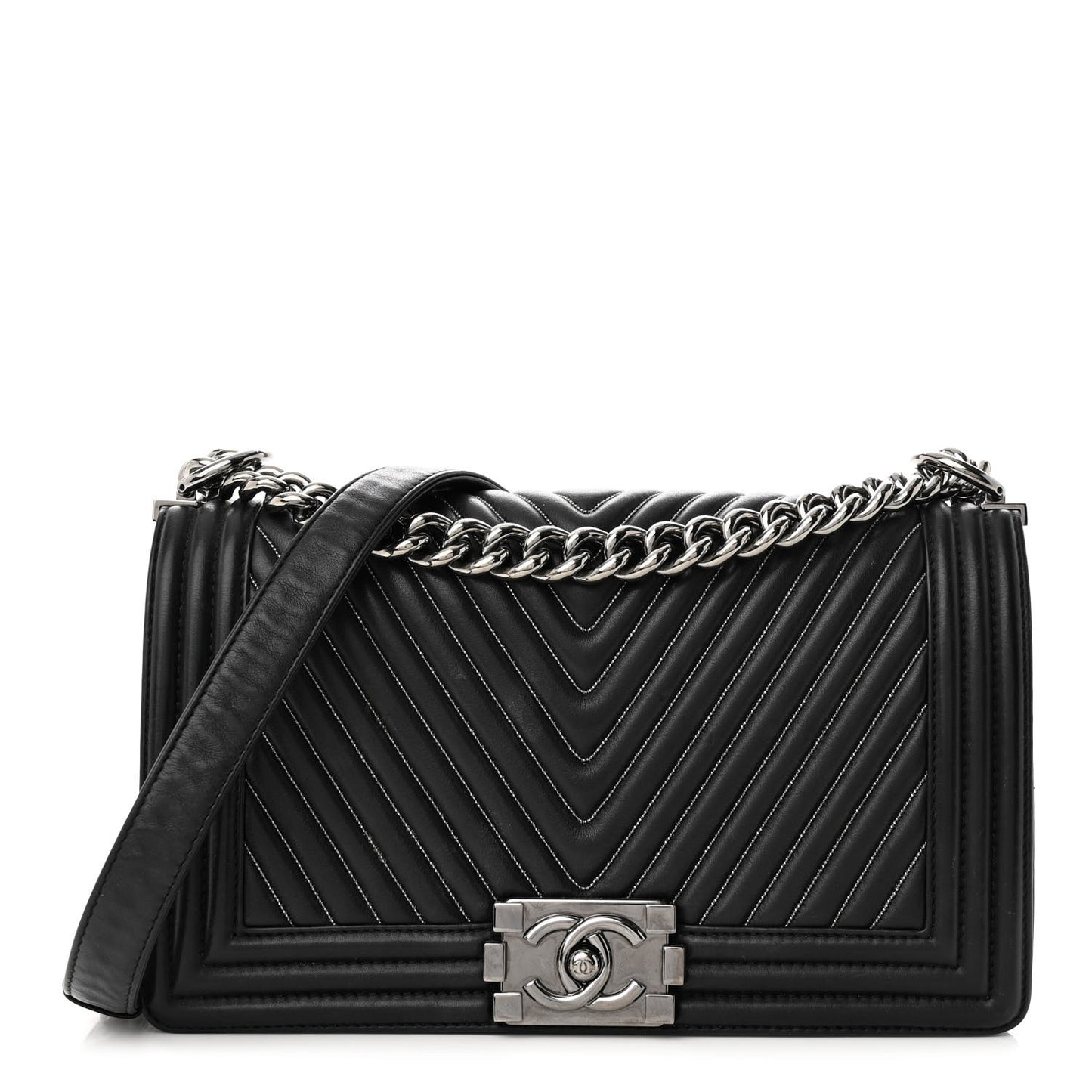 Calfskin Chevron Quilted Medium Chain Boy Flap Black