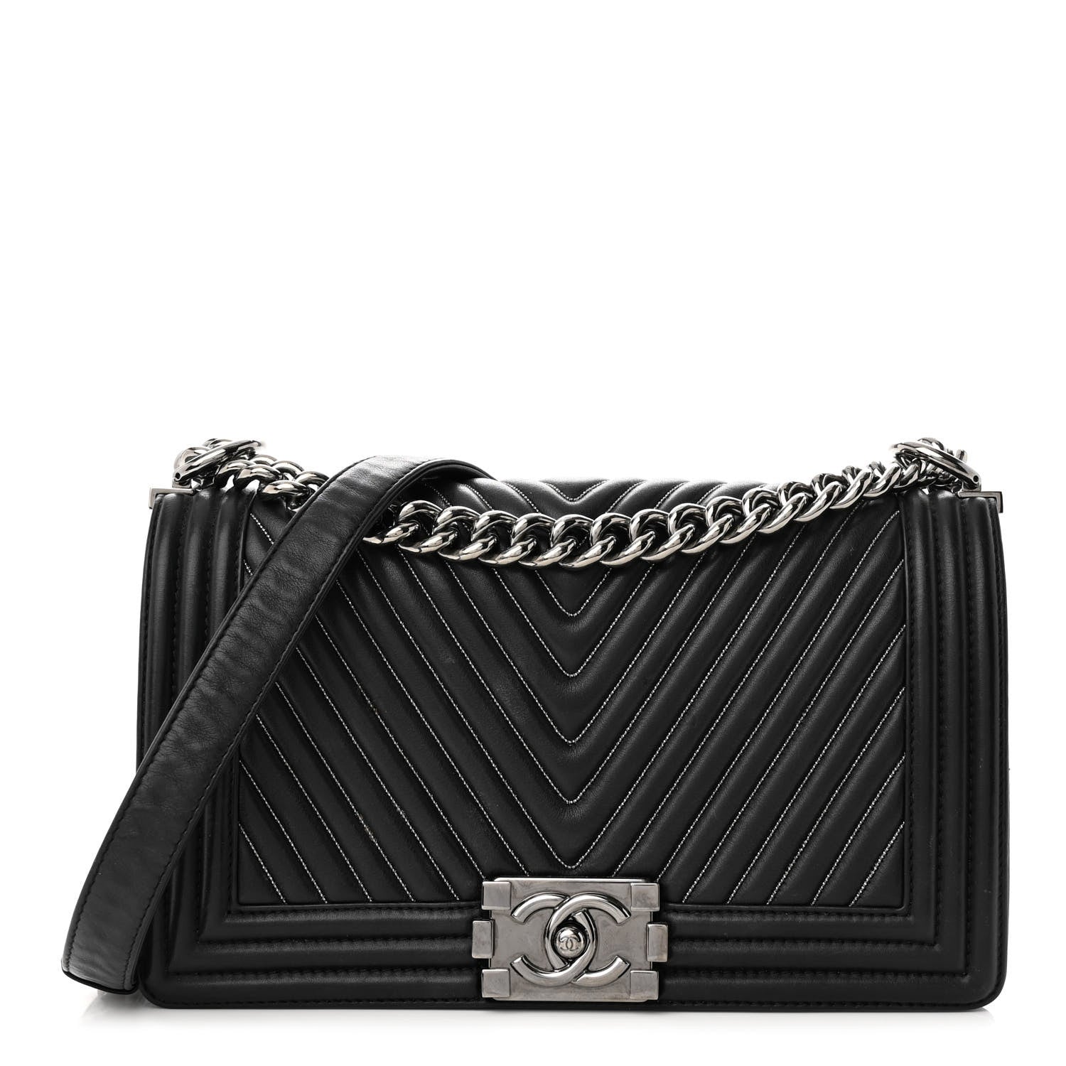 Chanel Calfskin Chevron Quilted Medium Chain Boy Flap Black 1 of 13