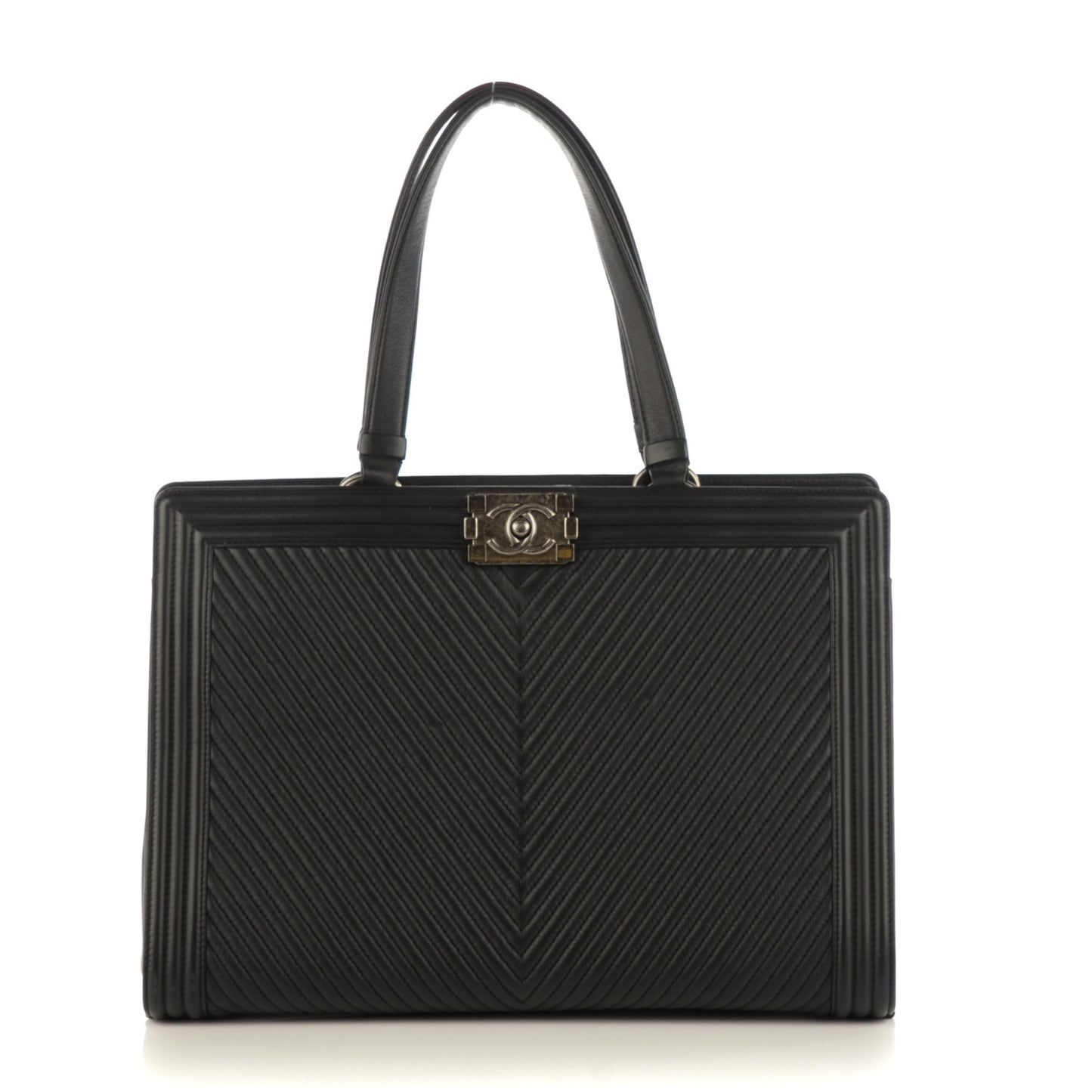 Calfskin Chevron Quilted Large Boy Shopping Tote Black