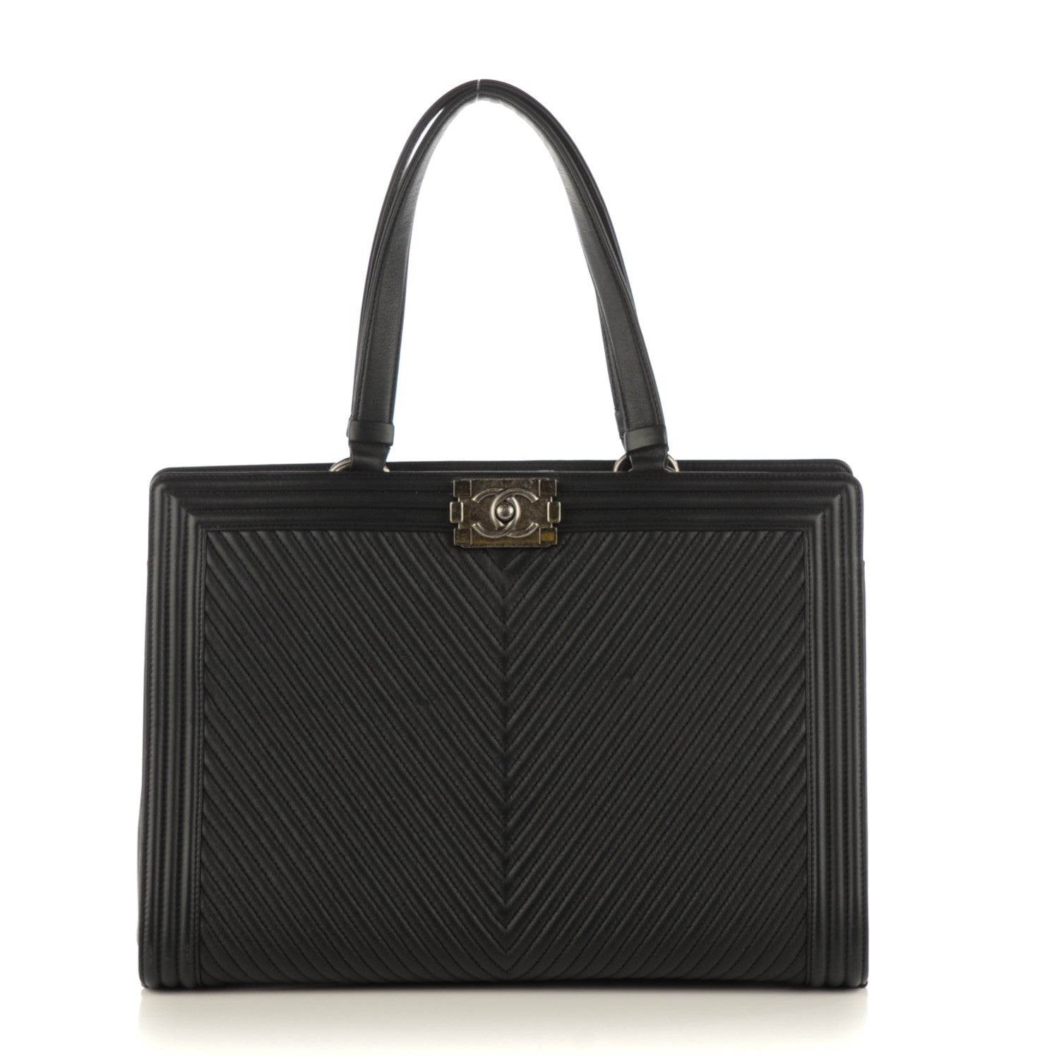 Chanel Calfskin Chevron Quilted Large Boy Shopping Tote Black 1 of 8
