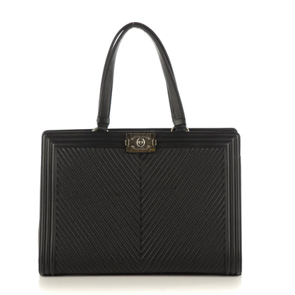Chanel Calfskin Chevron Quilted Large Boy Shopping Tote Black 1 of 8