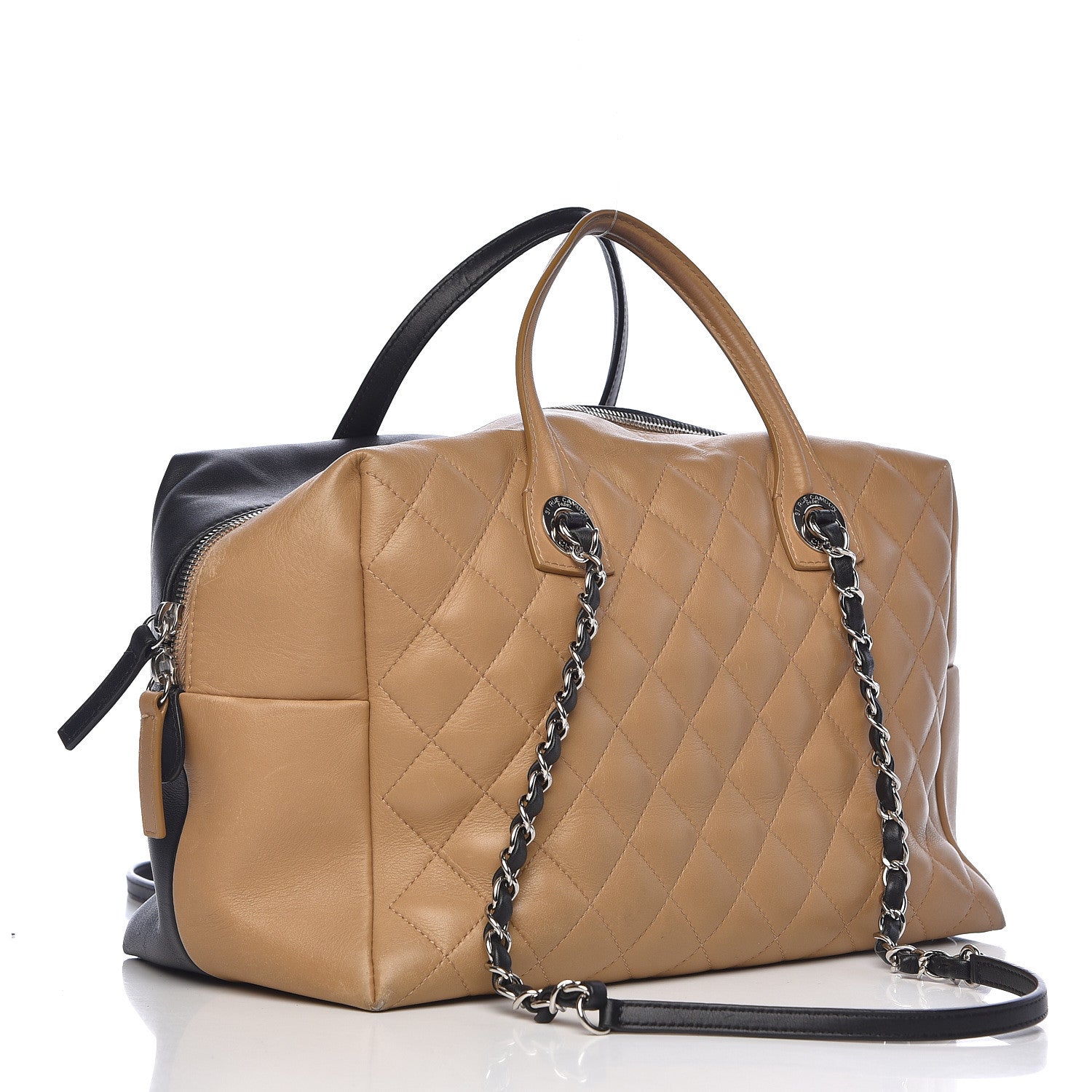 Chanel Calfskin Quilted Feather Weight Bowling Bag Black Beige 3 of 14