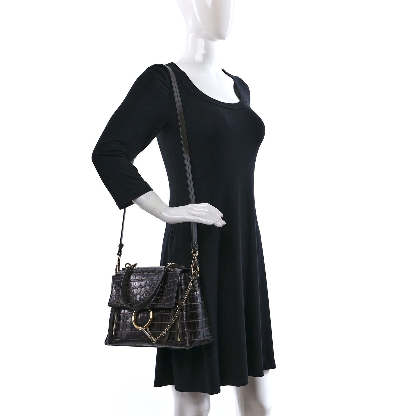 Calfskin Crocodile Embossed Small Faye Day Shoulder Bag Profound Brown