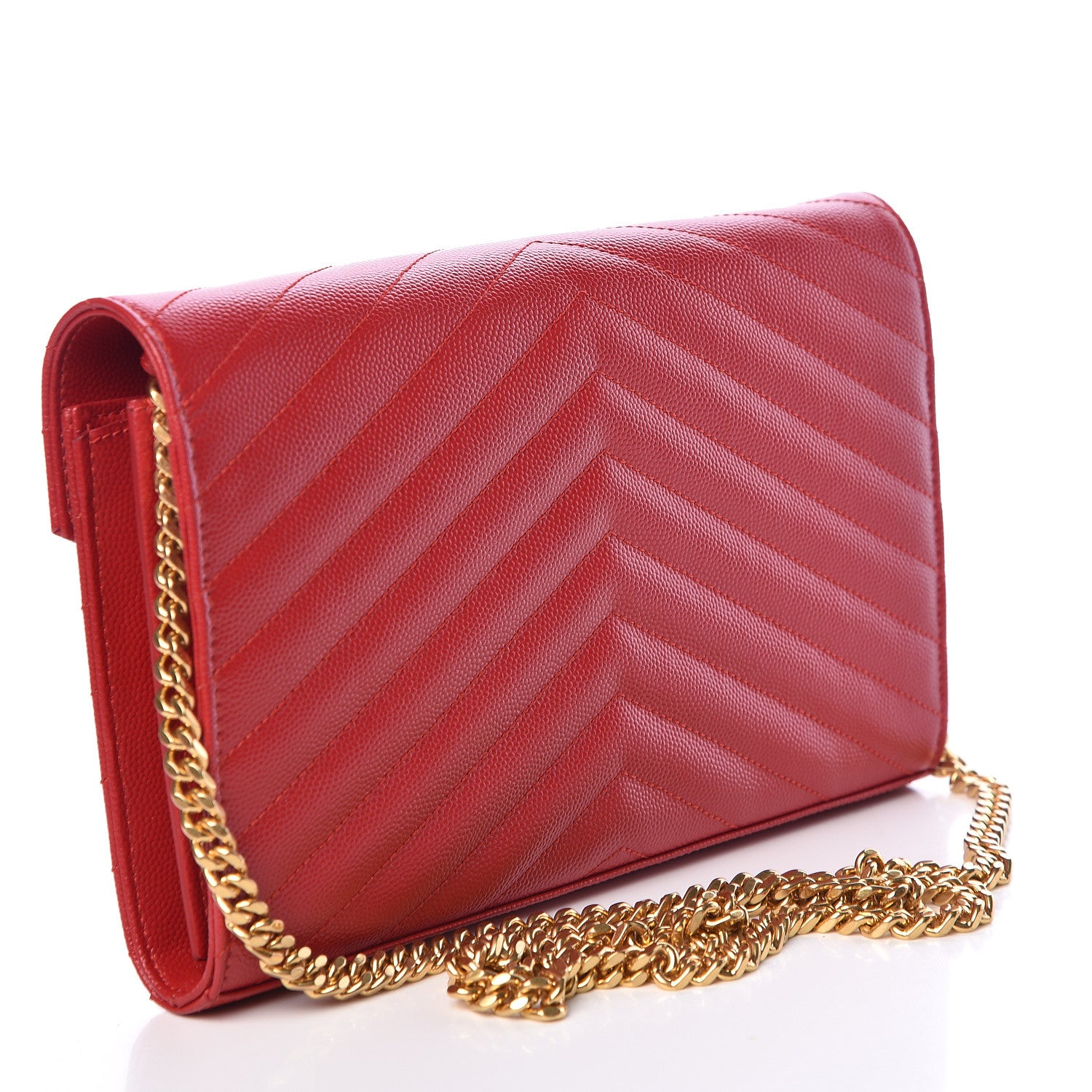 Saint Laurent Grain De Poudre Matelasse Chevron Monogram Chain Wallet Red 3 of 12