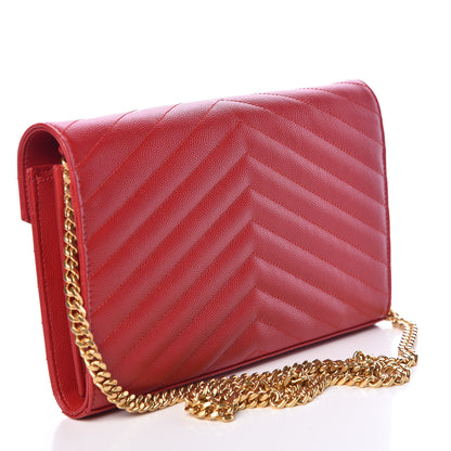 Saint Laurent Grain De Poudre Matelasse Chevron Monogram Chain Wallet Red 3 of 12