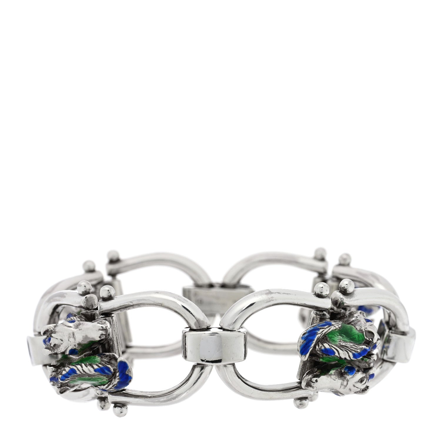 Gucci Sterling Silver Enamel Horse Head Link Chain Bracelet Blue Green 1 of 4