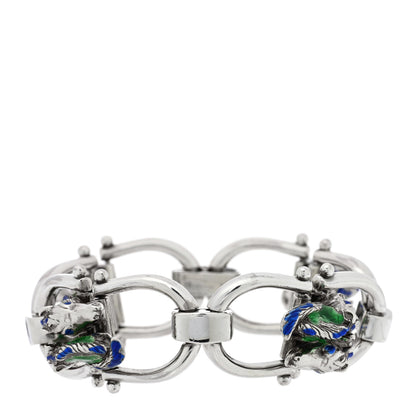 Gucci Sterling Silver Enamel Horse Head Link Chain Bracelet Blue Green 1 of 4