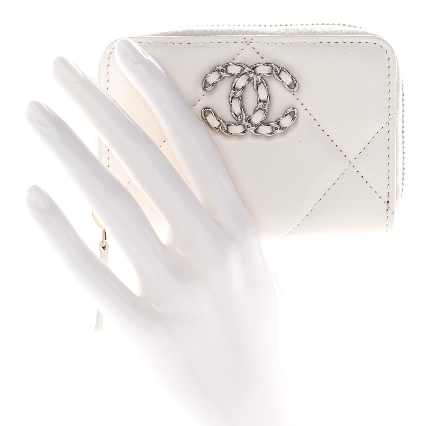 Lambskin Quilted Chanel 19 Zip Around Coin Purse Wallet White