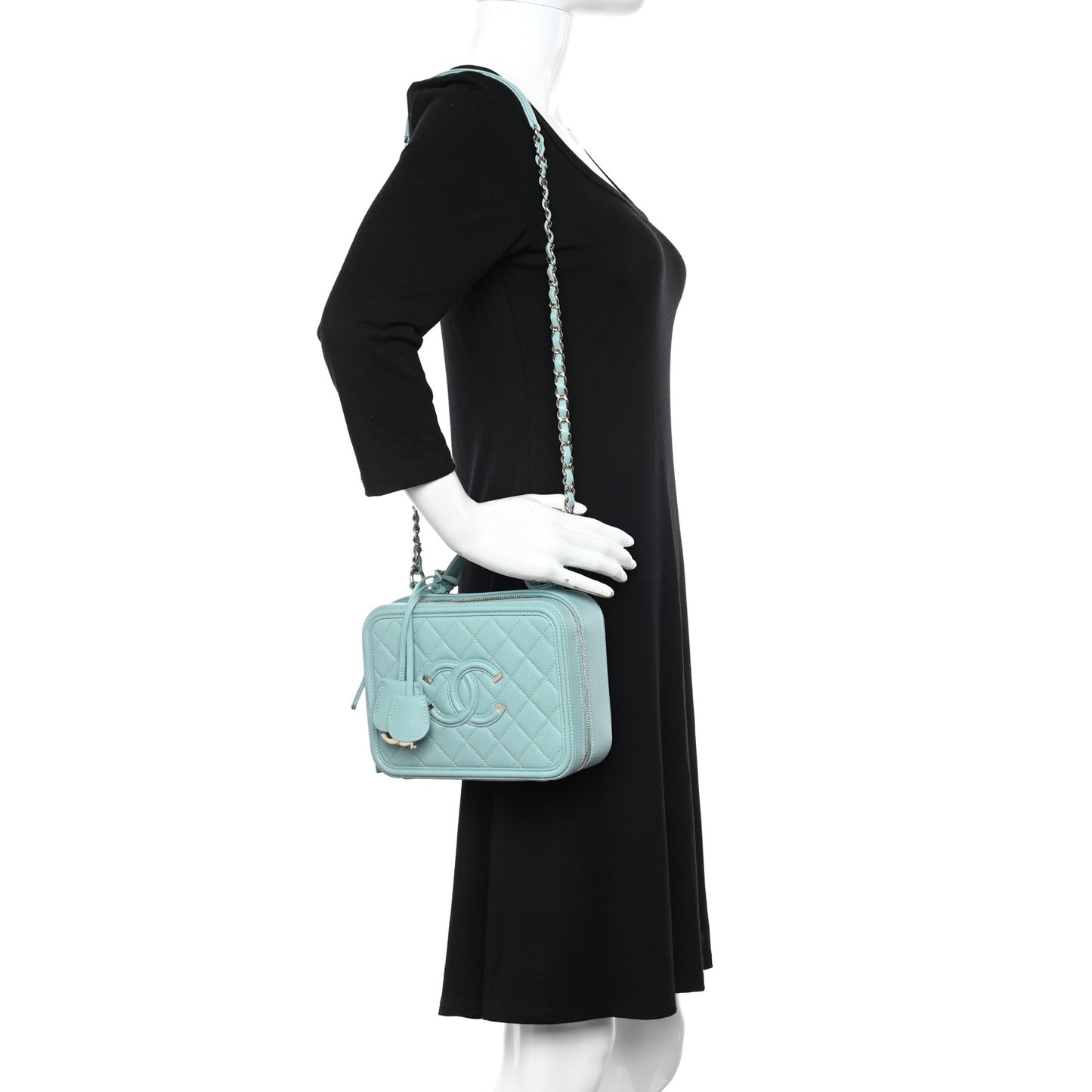 Caviar Quilted Medium CC Filigree Vanity Case Light Blue