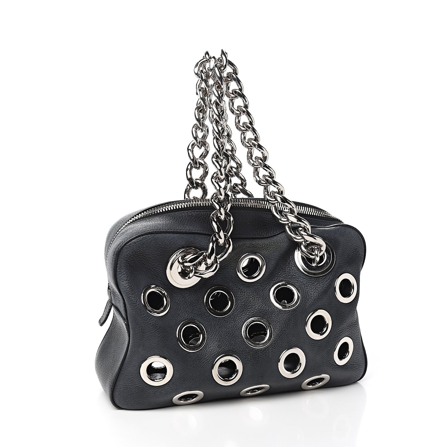 Vitello Daino Grommet Chain Satchel Bag Black