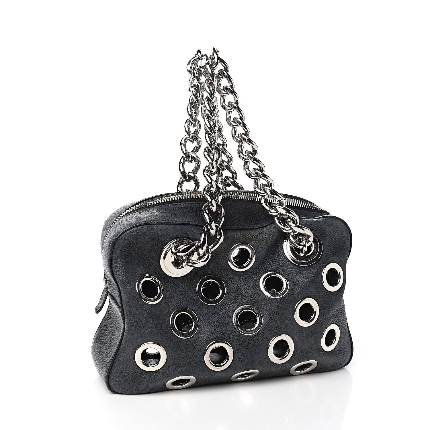 Prada Vitello Daino Grommet Chain Satchel Bag Black 3 of 9