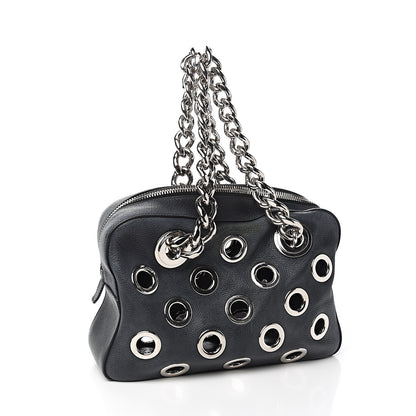 Prada Vitello Daino Grommet Chain Satchel Bag Black 3 of 9