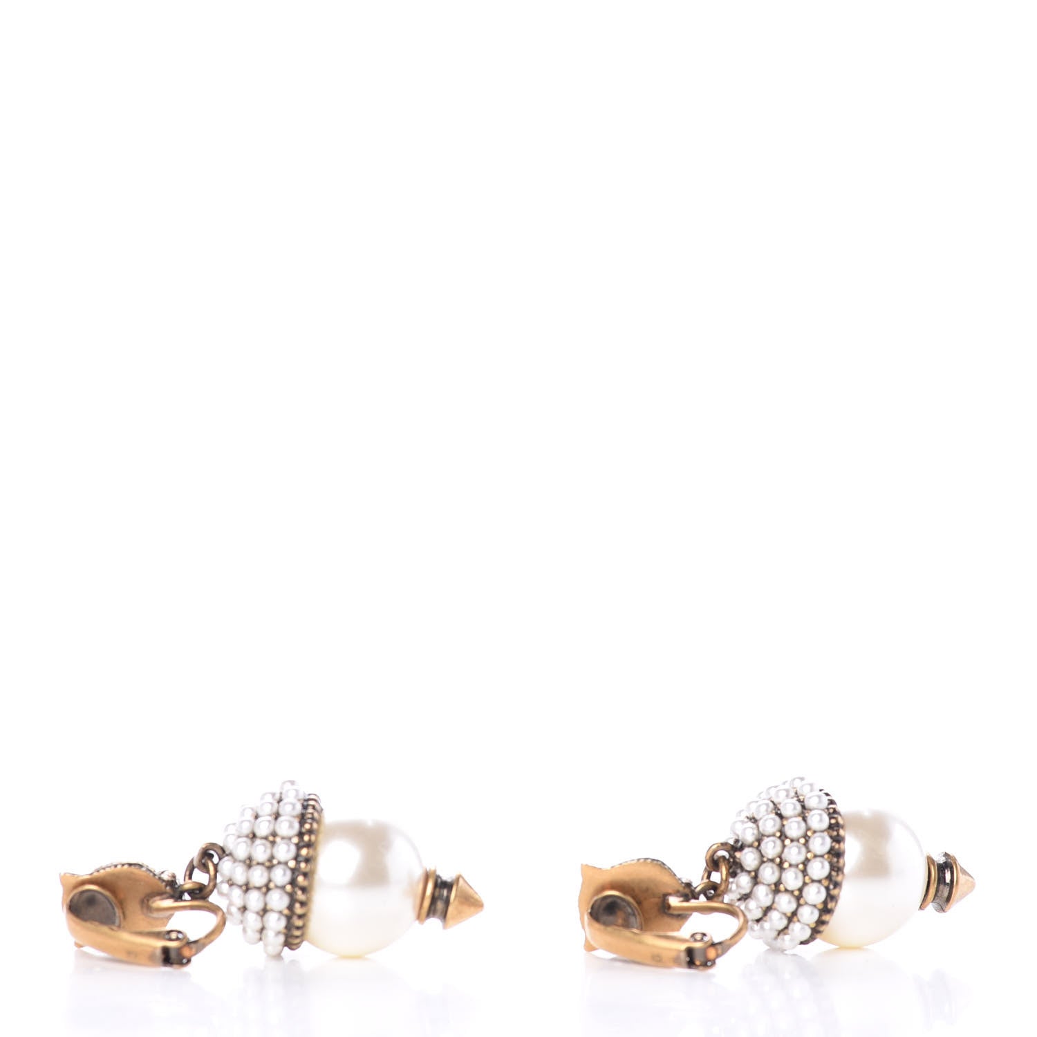 Gucci Metal Resin Pearl Feline Clip On Earrings Aged Gold 2 of 5
