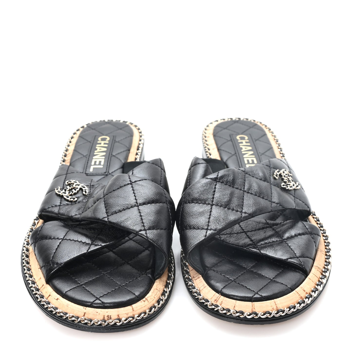 Lambskin Quilted Chain CC Sandals 39 Black