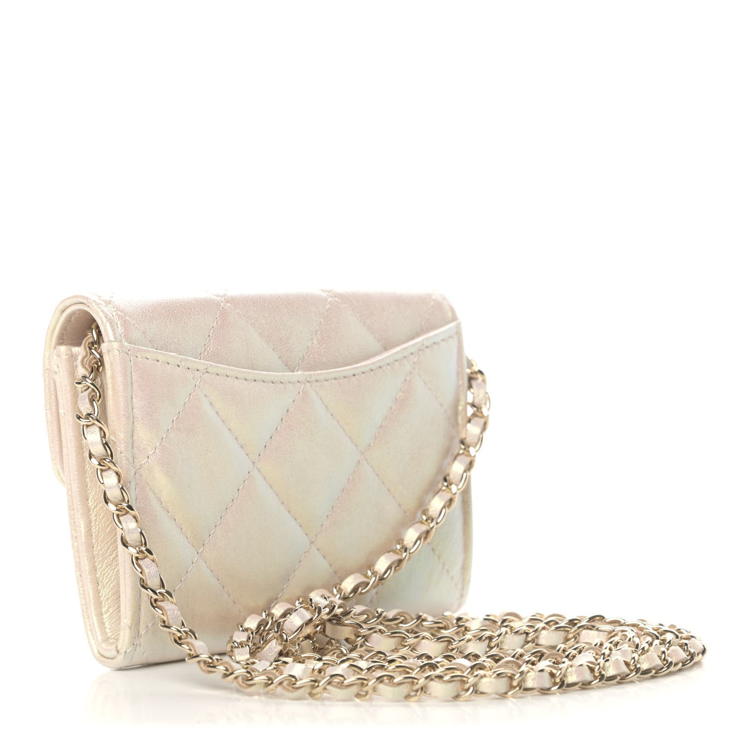 Iridescent Lambskin Quilted Flap Card Holder On Chain Ivory