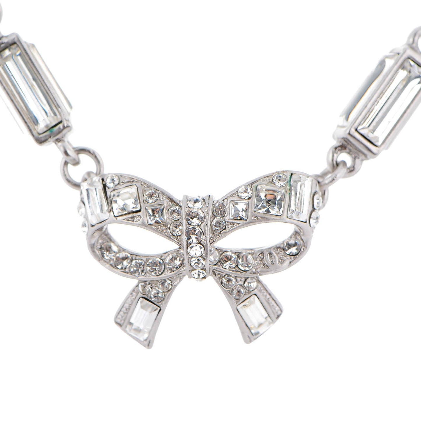 Crystal Baguette Pearl Bow Necklace Silver