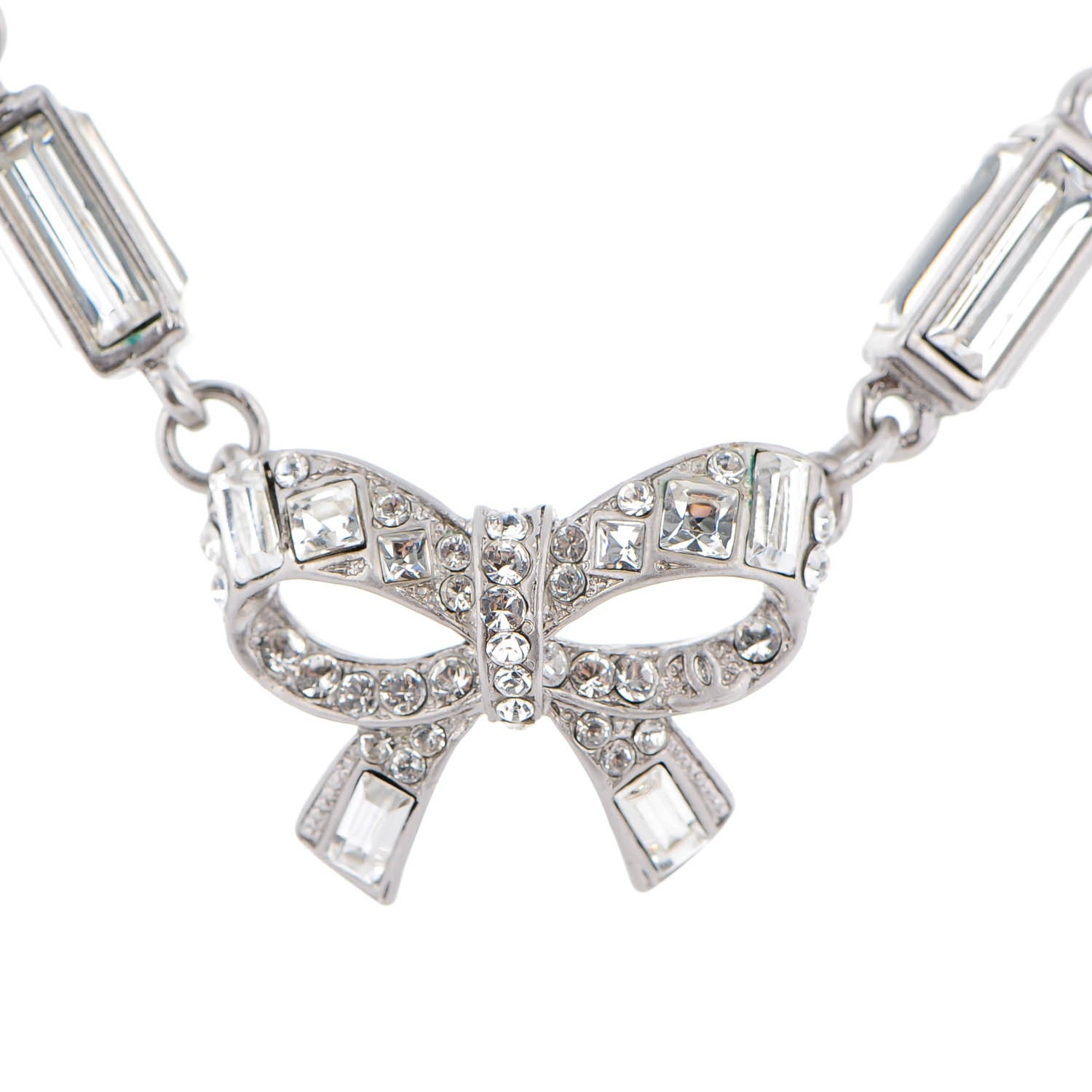 Chanel Crystal Baguette Pearl Bow Necklace Silver 4 of 6