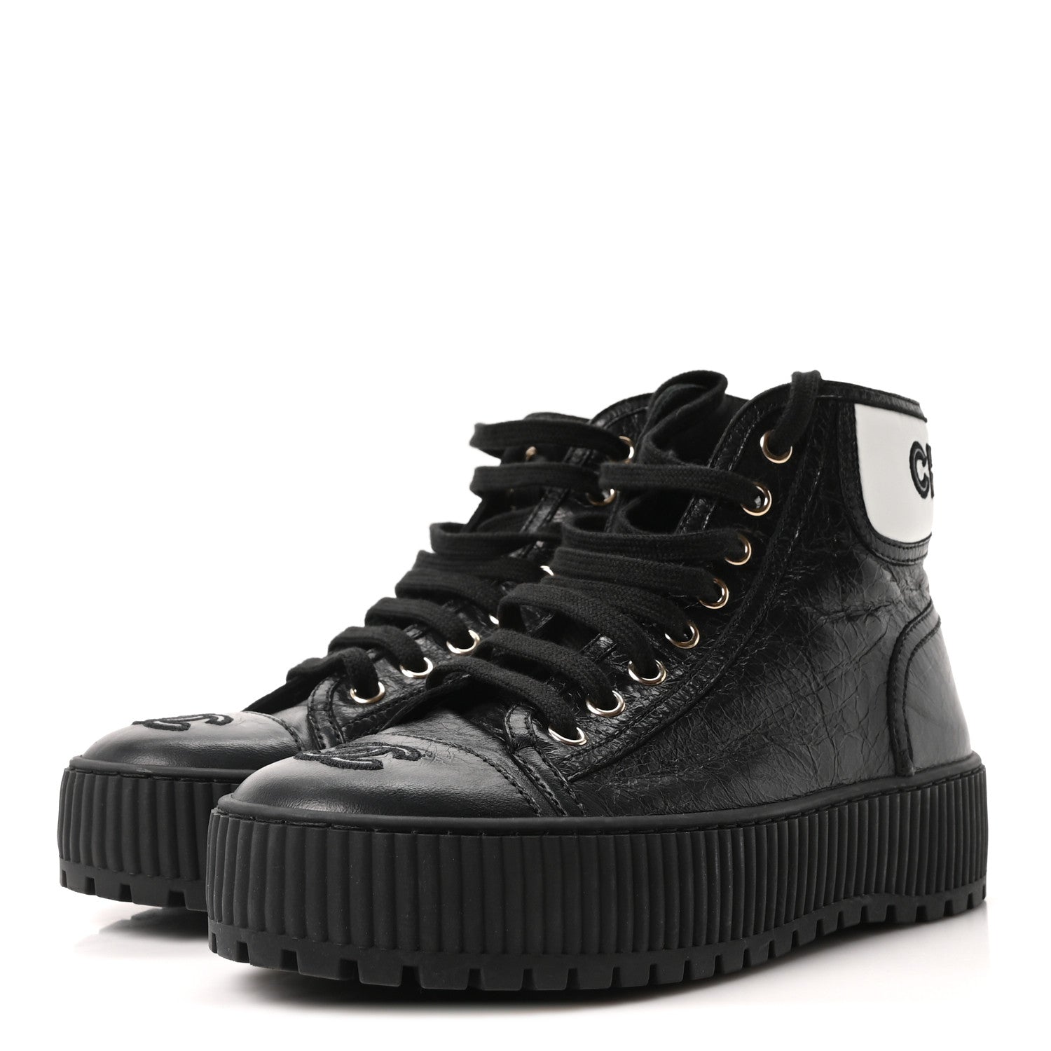 Chanel Aged Calfskin Lace Up Cap Toe Sneakers 36 Black White 4 of 9