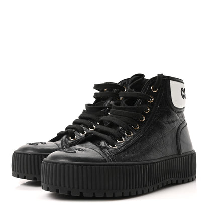 Chanel Aged Calfskin Lace Up Cap Toe Sneakers 36 Black White 4 of 9