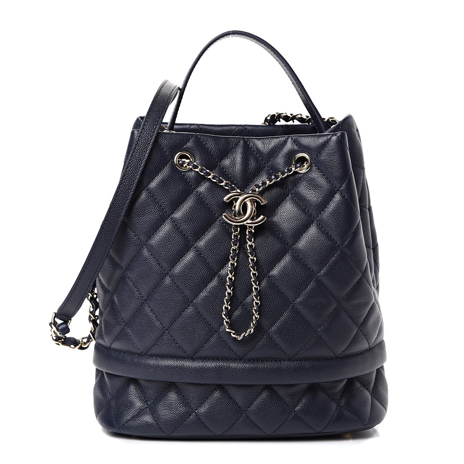 Chanel Caviar Quilted Rolled Up Bucket Drawstring Bag Navy 1 of 10