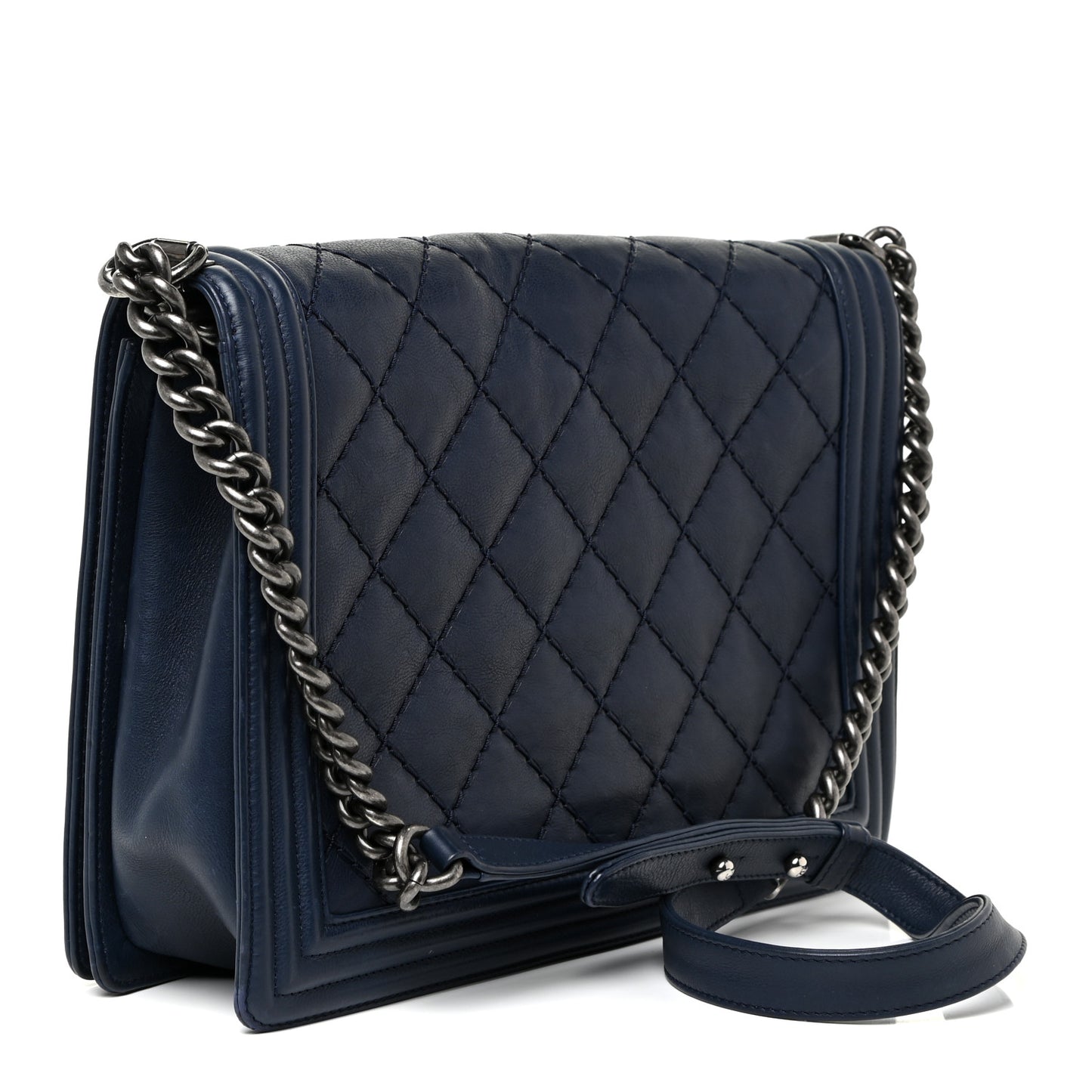 Calfskin Double Stitch Large Boy Flap Navy Blue