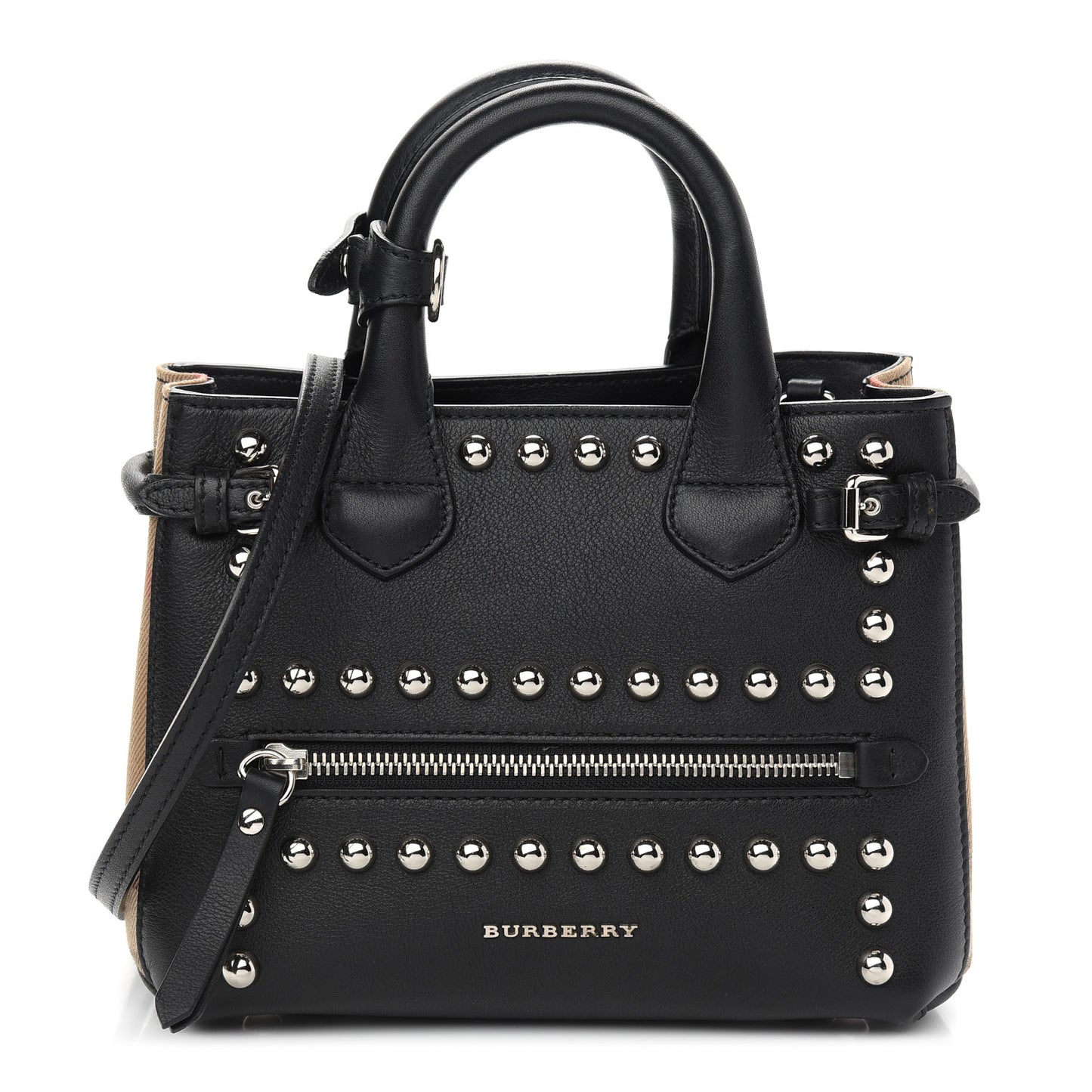 Pebbled Calfskin House Check Studded Baby Banner Tote Black