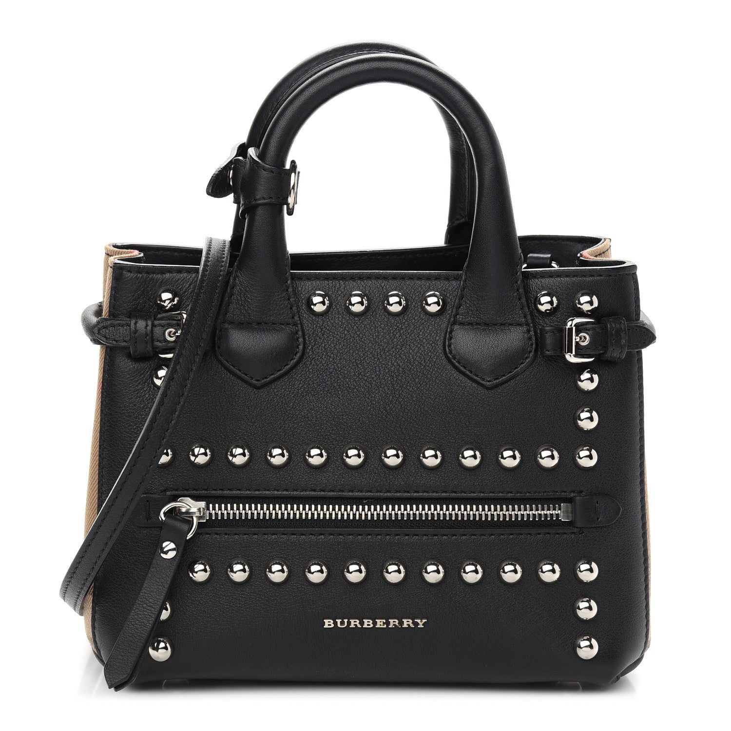 Burberry Pebbled Calfskin House Check Studded Baby Banner Tote Black 1 of 8