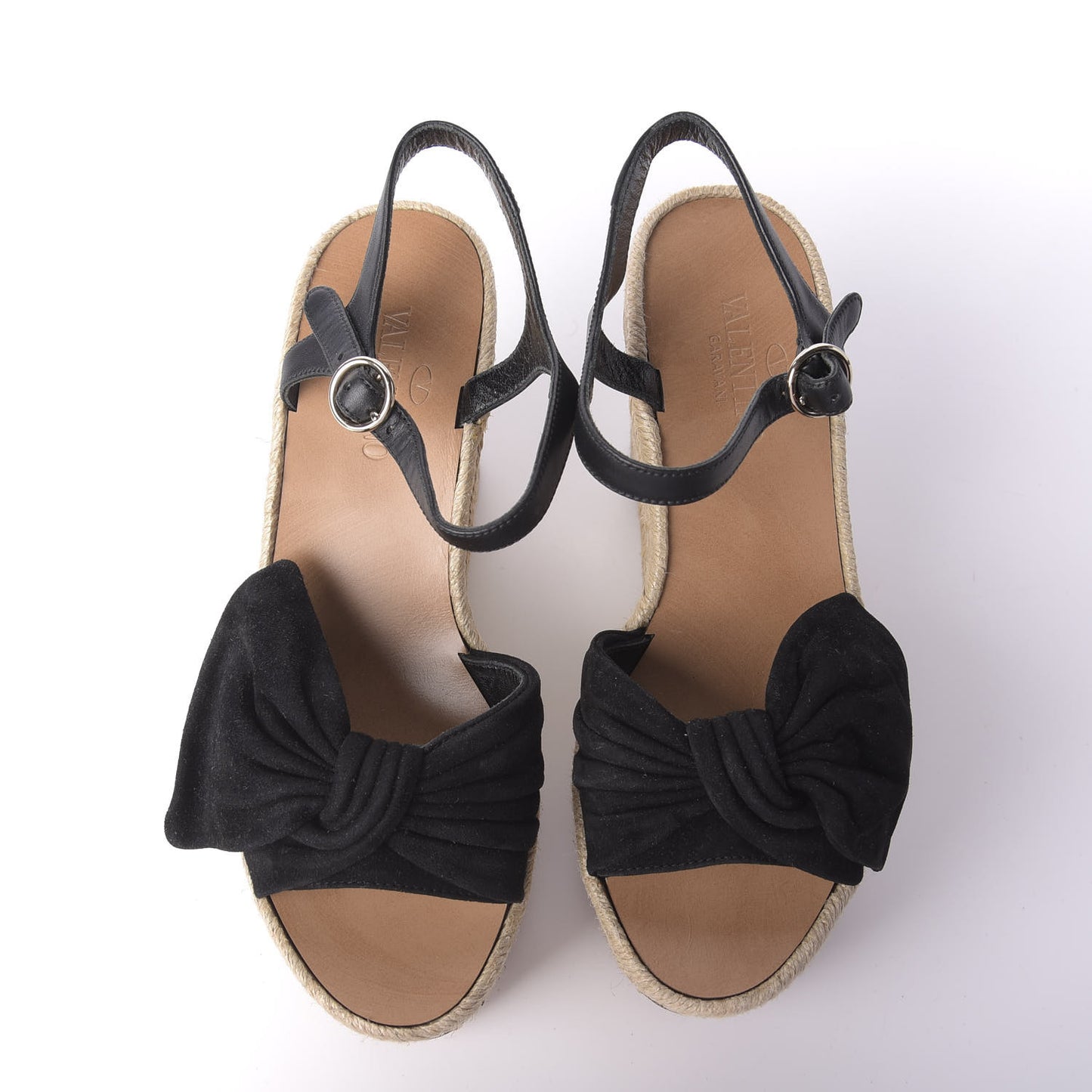 Suede Calfskin Tropical Bow Espadrille Platform Wedge Sandals 36 Black