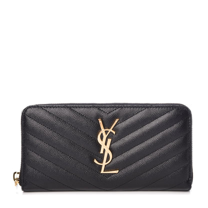 Saint Laurent Grain De Poudre Matelasse Chevron Monogram Zip Around Wallet Black 1 of 7