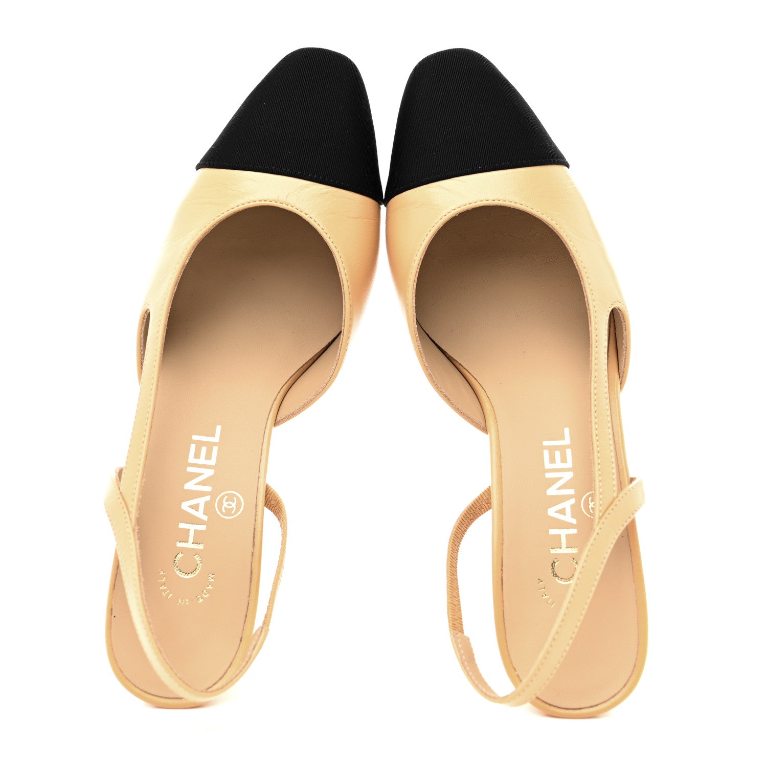 Chanel Goatskin Grosgrain Cap Toe CC Slingback Pumps 36.5 Beige Black 2 of 10