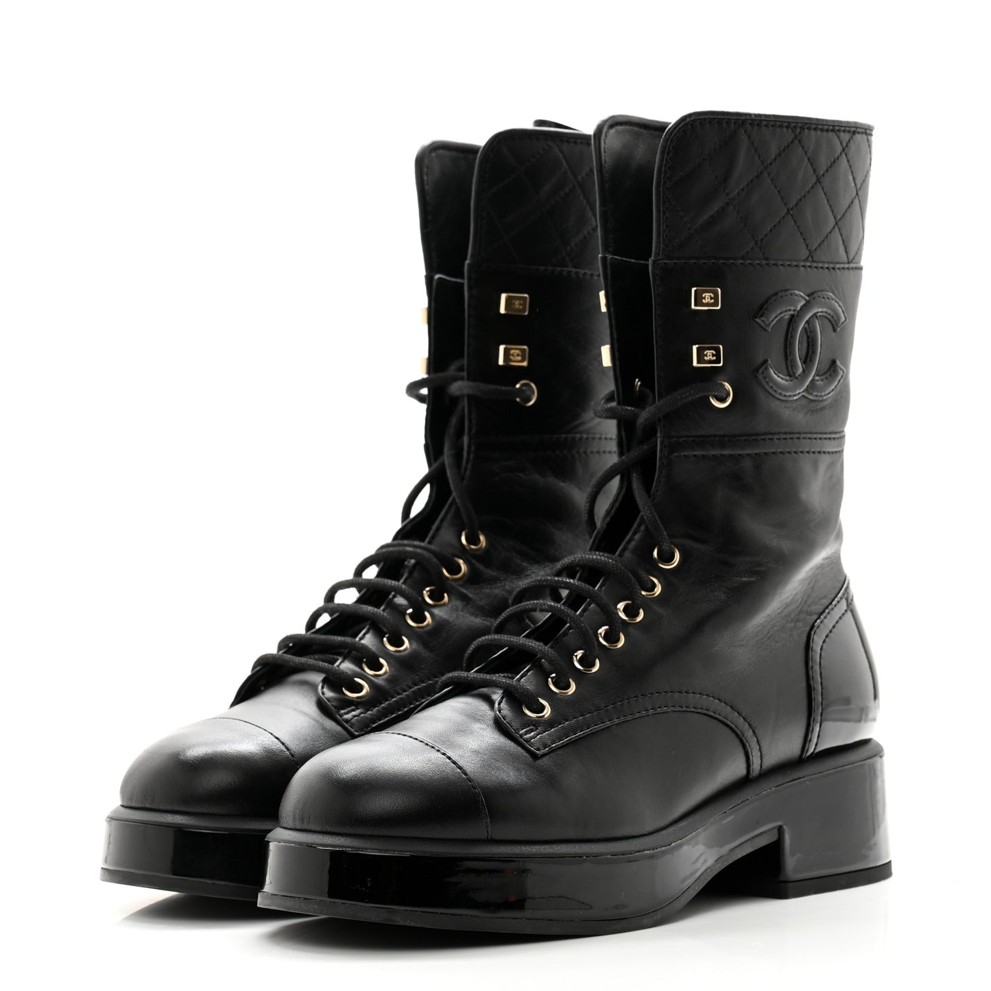 Lambskin Patent Calfskin Quilted CC Lace Up Combat Boots 37 Black