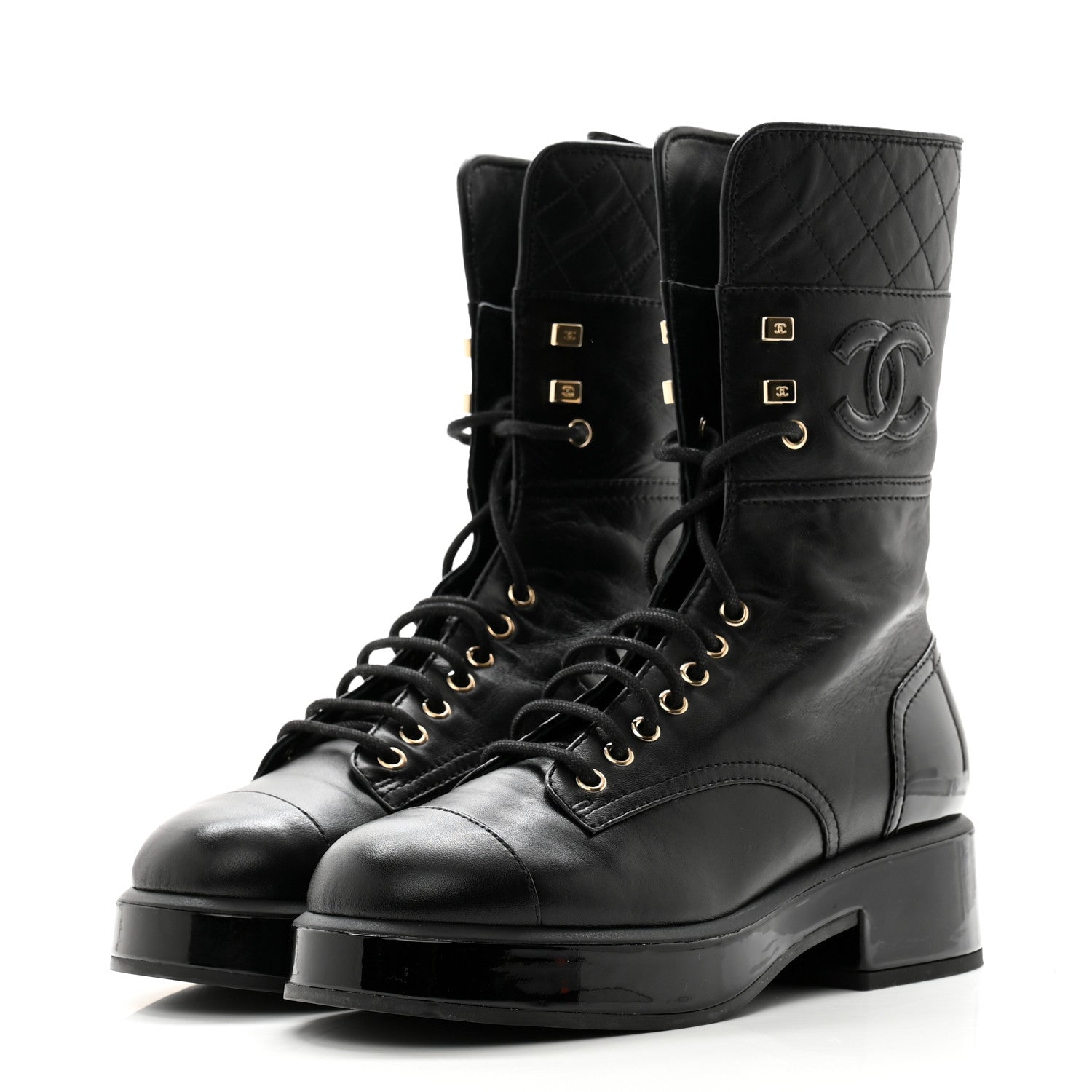 Chanel Lambskin Patent Calfskin Quilted CC Lace Up Combat Boots 37 Black 3 of 12