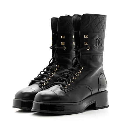 Chanel Lambskin Patent Calfskin Quilted CC Lace Up Combat Boots 37 Black 3 of 12